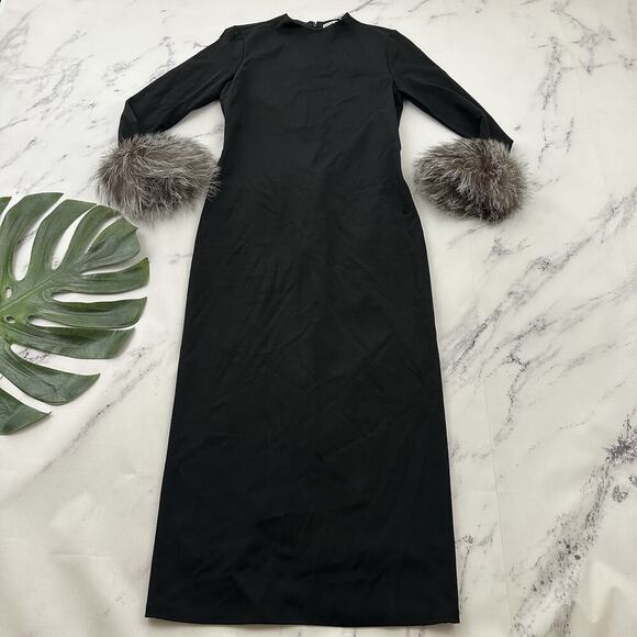 Alice & Olivia Delora Fox Fur Cuff Midi Dress Size 6 Black Gray Wiggle Fitted - Picture 1 of 12